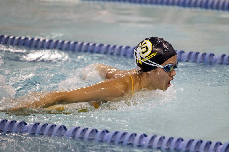 Sterling’s Hazel Pham competes in the 50 butterfly Wednesday, Aug. 28, 2024 at Morrison High School.