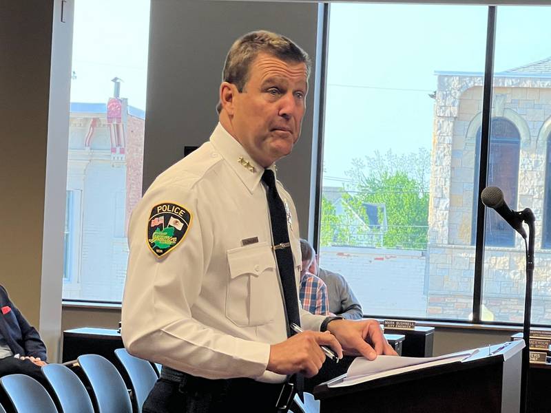 Sycamore Police Chief Jim Winters talks during a Sycamore City Council meeting on May 6, 2024.