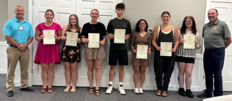 (Left to right); Rock Falls Rotary youth committee chair Tom Myers; Grace Boostrom, Student of the Month; Kallie Insley, Student of the Month; Mayson Burns, Student of the Month; Rais Tefiku, Student of the Month; Carli Kobbemen, Student of the Month; Claire Bickett, Student of the Month; Angela Gallentine, Student of the Month; and Rock Falls Rotary president Bob Sondgeroth. Not pictured is Rock Fall Rotary Students of the Month Gavin Sands, Akshar Barot, and Hana Ford.