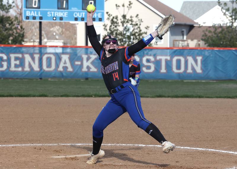 Genoa-Kingson's Kiearah Mitchell delivers a pitch during their game against Oregon Tuesday, April 9, 2024, at Genoa-Kingston High School.