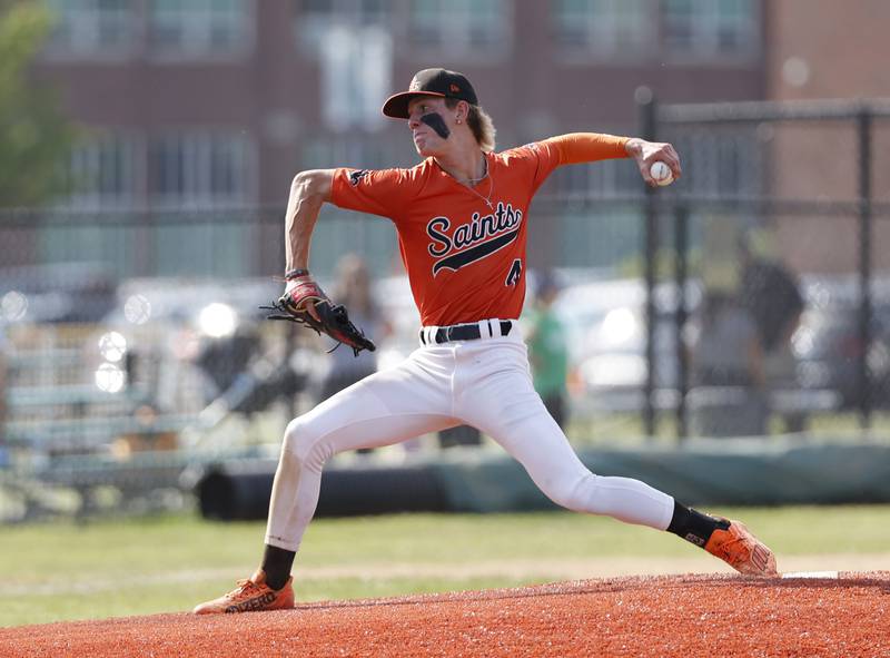 St. Charles East's Joey Arend (4) pitches during the Class 4A York regional semi-final between Wheaton Warrenville South and St. Charles East in Elmhurst on Thursday, May 23, 2024.