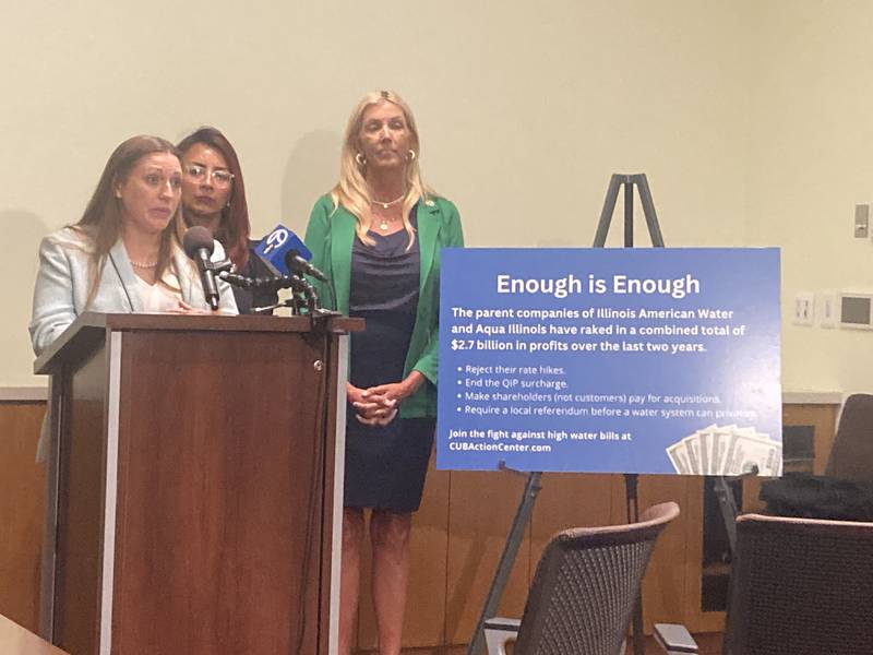 State Senator Rachel Ventura (D-Joliet) speaks at a press conference about curbing private water rate increases.