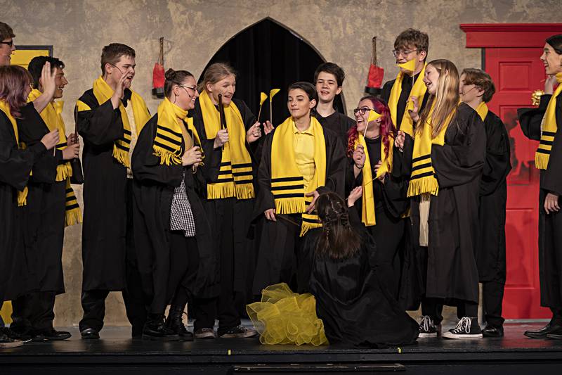 The cast of Dixon High School’s “Puffs” rehearse for the Harry Potter themed play Wednesday, Nov. 1, 2023 at the Wiltz auditorium.