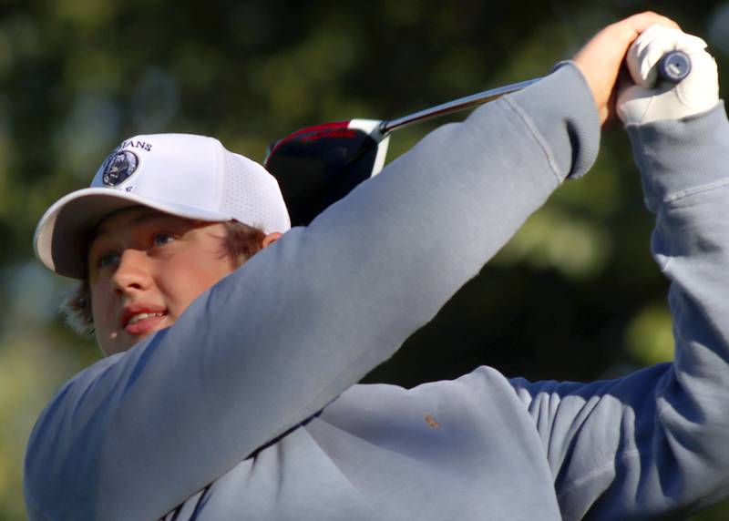 Cary-Grove’s Joey Boldt tees off on 6 in Cary-Grove High School 2024 Invitational varsity golf action on Saturday, Sept. 7, 2024, at Foxford Hills Golf Club in Cary.