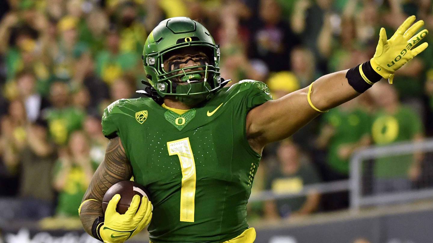 Oregon linebacker Noah Sewell celebrates a fumble recovery against Stanford during the first half, Saturday, Oct. 1, 2022, in Eugene, Ore.