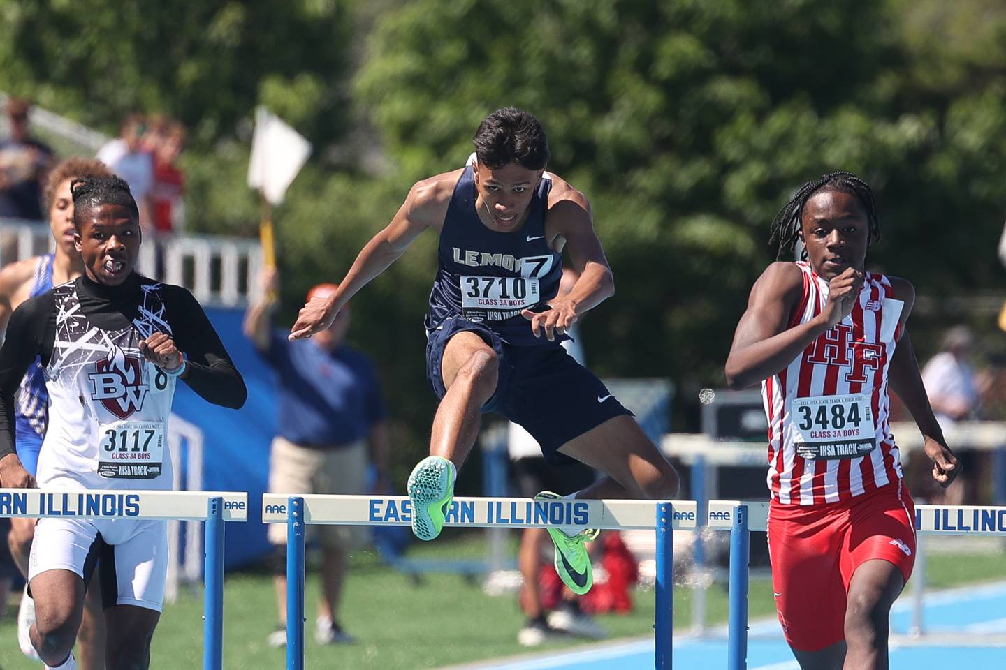 Lemont’s Quinton Peterson makes the last hurdle to finish third in the Class 3A 300-meter hurdles Saturday, May 25, 2024, in Charleston.