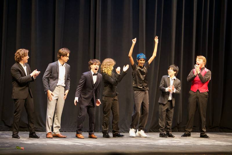 Mr. Kaneland contestants react to the winner Sunny Agrawal being announced  Mr. Kaneland on Friday, March 15, 2024 at Kaneland High School in Maple Park.