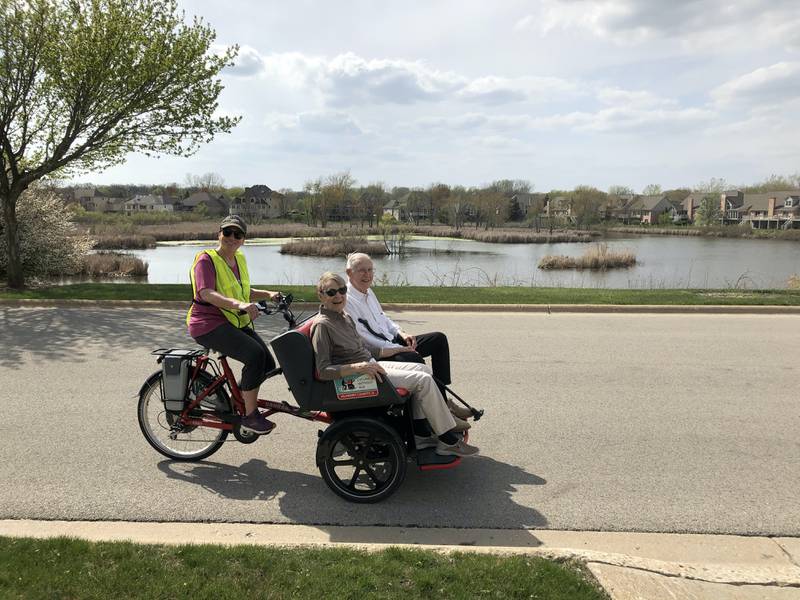 Cycling Without Age McHenry County provides free rides to those age 55 and older. Rides are conducted on three-wheeled cycles called trishaws, and are piloted by trained volunteers. 
Provided by Cycling Without Age McHenry County