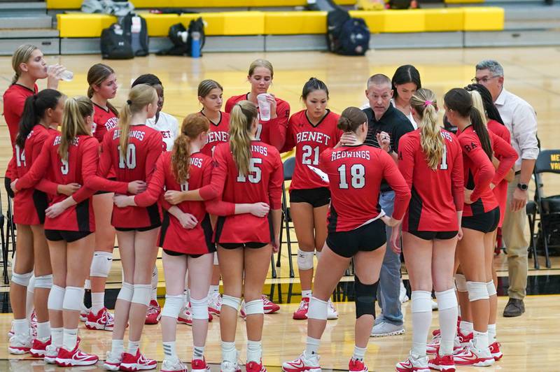 Benet’s head coach Brad Baker talks to his players during a volleyball match against Metea Valley at Metea Valley High School in Aurora on Wednesday, Sep 4, 2024.