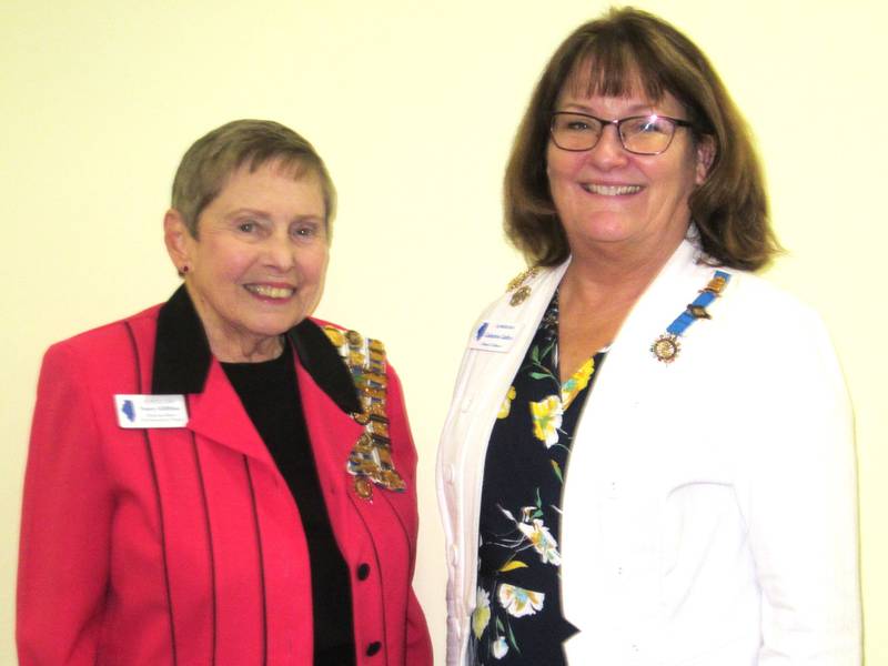 Newly-elected Regent of the Chief Senachwine NSDAR Chapter, Nancy Gillfillan (left) is congratulated by District II Director, Cathy Carlton, who installed Gillfillan at the May chapter meeting. Carlton also provided the program on the intrinsic value of volunteerism, entitled "Good for the Heart, Good for the Soul."