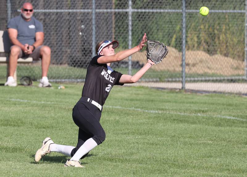 Prairie Ridge's Kylie Carroll makes a diving catch during their Class 3A sectional semifinal game against Sterling Wednesday, May 29, 2024, at Sycamore High School.