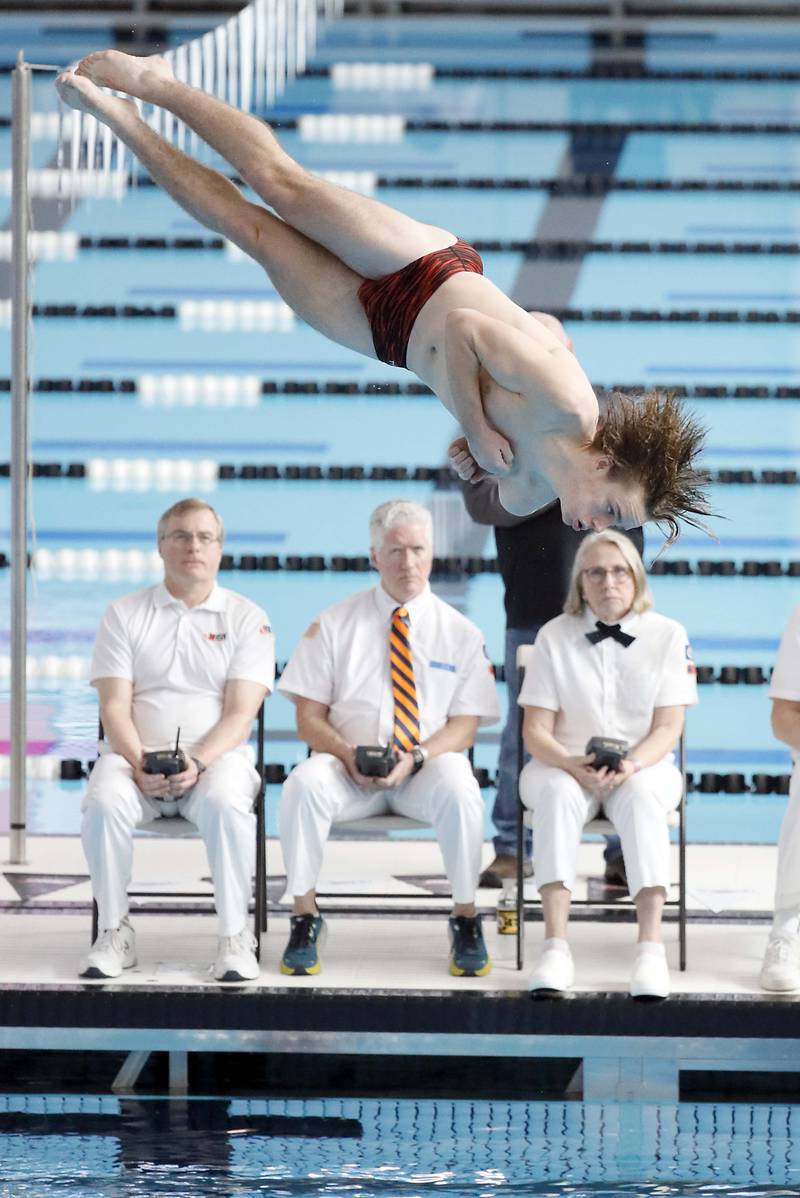 Ethan Paul of Libertyville competes in the Boys 1 mtr Diving during the IHSA Boys state swim finals Saturday February 25, 2023 in Westmont.