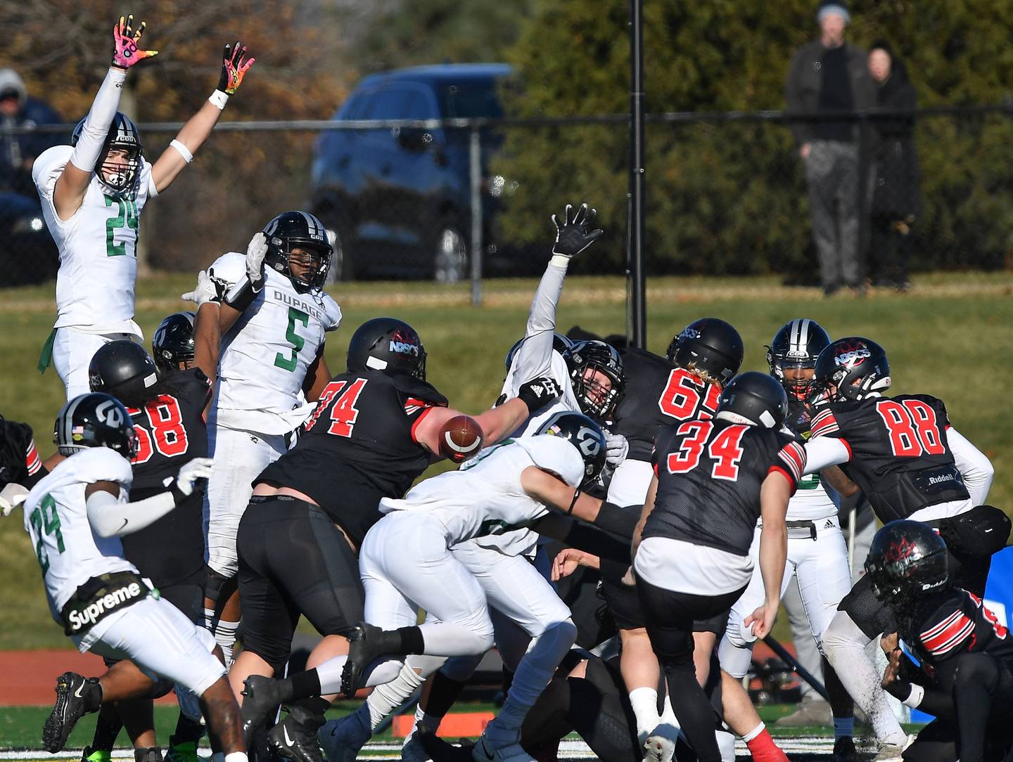 College of Dupage's defense blocks a crucial extra point kick during the NJCAA DIII National Championship game against North Dakota State College of Science on Dec. 3, 2022 at College of Dupage in Glen Ellyn.