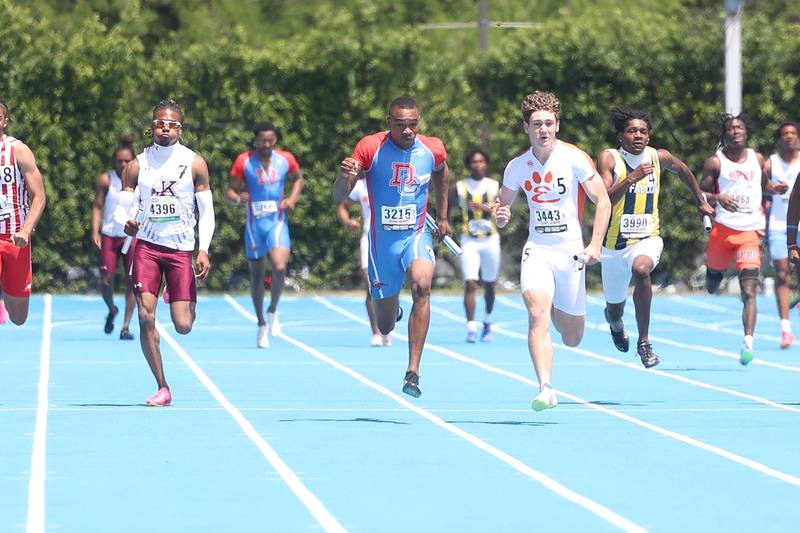 Dundee-Crow’s Oreoluwa Sobodu sprints to a 2nd place finish in the Class 3A 4x100 Meter Relay State Championship on Saturday, May 25, 2024 in Charleston.