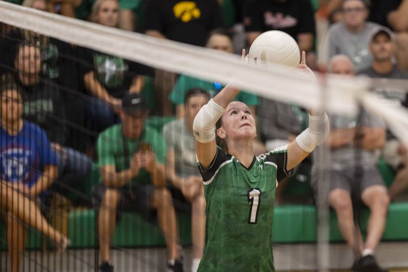 Rock Falls’ Kacie Witherow sets the ball against Dunlap Thursday, Aug. 29, 2024, at Rock Falls High School.