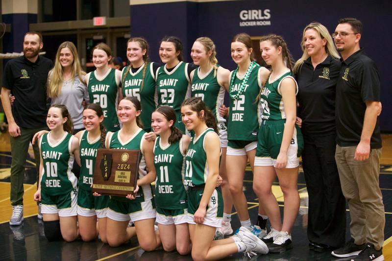 St. Bede celebrates the win over Ida Crown at the Class 1A Girl's Basketball  Super Sectional on Monday , Feb.26, 2024 at Harvest Christian Academy  in Elgin.