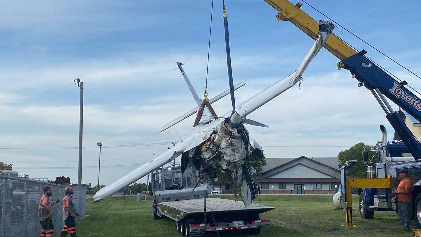 A Cessna 177 four-seater plane crashed in a Cortland corn field off West Lincoln Highway in DeKalb County a mile from its destination at DeKalb Taylor Municipal Airport Thursday, July 27, 2023. The plane was towed from the field by Lovetts Towing. Two men were injured in the crash and hospitalized, authorities said.