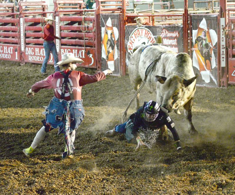 An angry bull takes aim at Drew Muhlenback of Bristol, Wiisconsin after tossed him off his back during the evening show at the Big Hat Rodeo during the Ogle County Fair on Friday, Aug. 4, 2023.