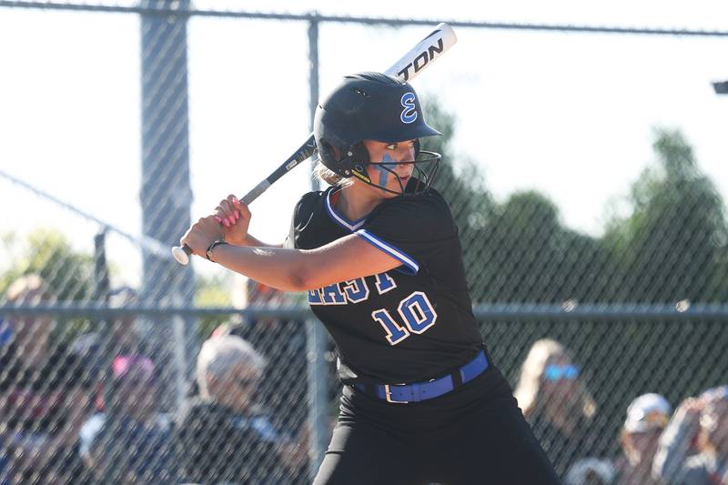 Lincoln-Way East’s Maddie Henry locks in on a pitch against Lincoln-Way Central in the Class 4A Lincoln-Way Central Sectional semifinal on Wednesday, May 29, 2024 in New Lenox.