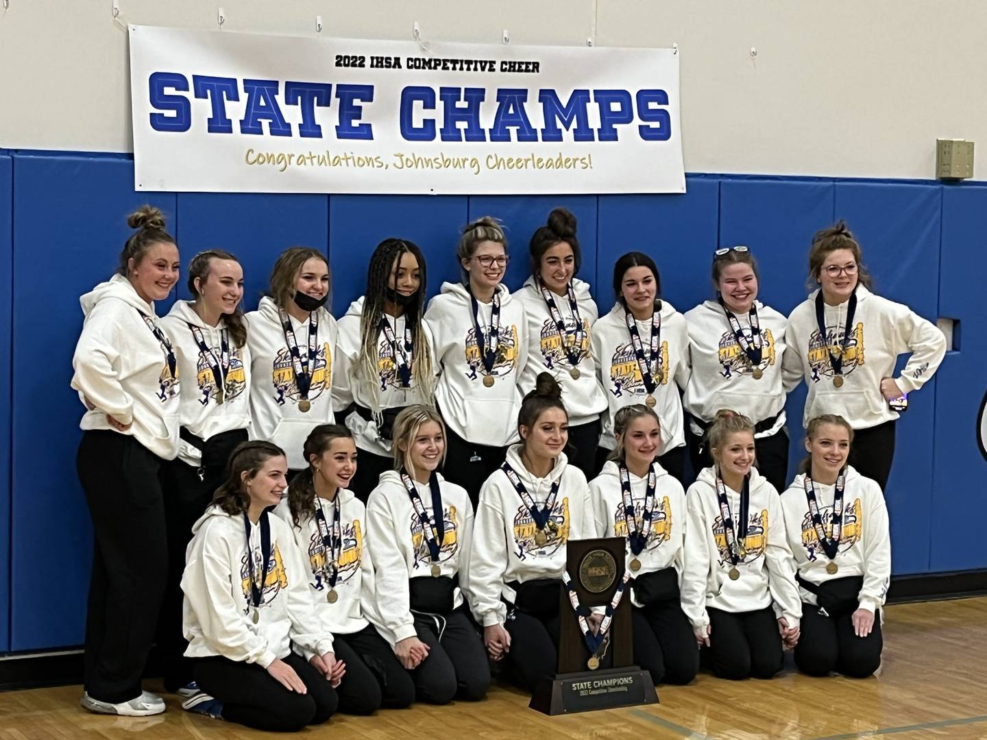 Johnsburg's 2022 Competitive Cheerleading Small Division state champions.