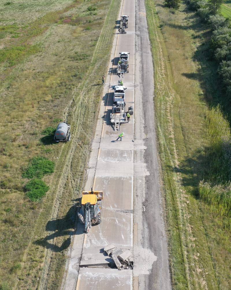 The busiest intersection in the Illinois Valley is under construction. Crews replace the off ramp southbound to Interstate 39 at the  Interstate 39-Interstate 80 interchange on Monday, Sept. 9, 2024. The work will last until most of November. Workers will be patching the ramps and improving the shoulders. Traffic will be redirected to the inner-loop of the interchange during the project. Motorists can expect delays