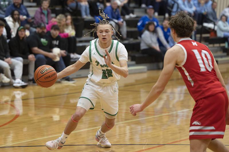 Rock Falls’ Nehemiah Menendez handles the ball against Morrison Wednesday, Feb. 21, 2024 at the Prophestown class 2A basketball regional.