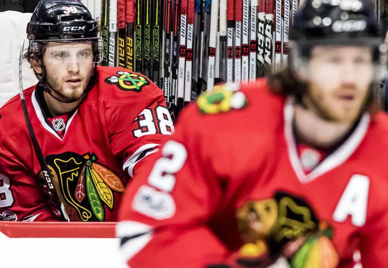 Chicago Blackhawks left wing Ryan Hartman (left) during the first period of Saturday's game against the New York Islanders March 3, 2017 at the United Center in Chicago. Hartman grew up in West Dundee and played for a brief time with the Crystal Lake Leafs before moving his way up the hockey ranks to the Blackhawks.