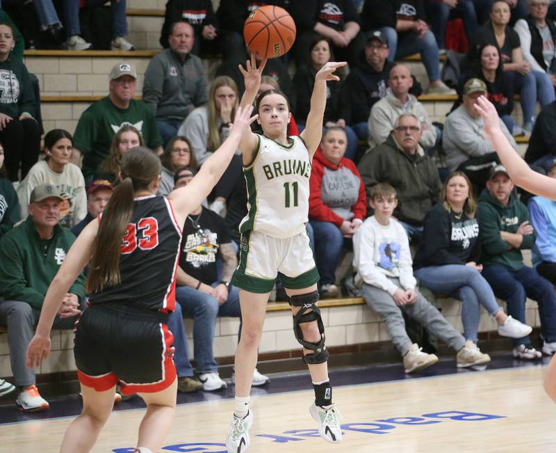 St. Bede's Bailey Engels shoots a jump shot over Amboy's Ellie Mclaughin during the Class 1A Regional final game on Friday, Feb. 16, 2024 at Marquette High School.