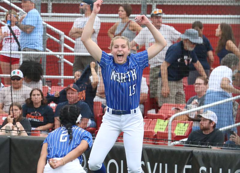 St. Charles North pitcher Paige Murray reacts with teammate Maddie Hernandez after defeating Oswego during the Class 4A semifinal game on Friday, June 7, 2024 at the Louisville Slugger Sports Complex in Peoria.