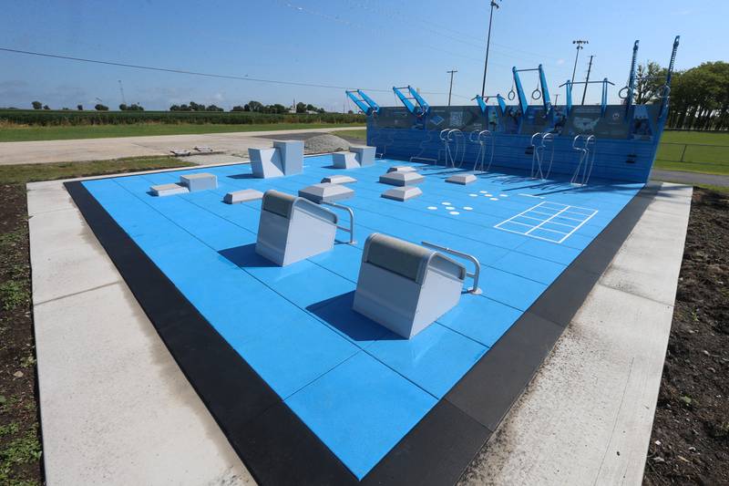 A view of the new outdoor fitness court on Friday, Aug. 16, 2024 at Rotary Park in La Salle  The court has been installed on the north side of the park next to the baseball fields. The amenity is made possible from a $300,000 grant La Salle received earlier this year. Other attractions to the park include sledding hill with stairs and a snow maker, lighting and a pickleball court.