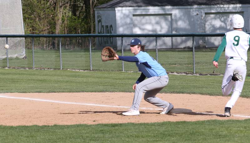 Bureau Valley's first baseman Sam Wright makes a catch at first base to force out St. Bede's Ryan Slingsby on Monday, May 1, 2023 at St. Bede Academy.