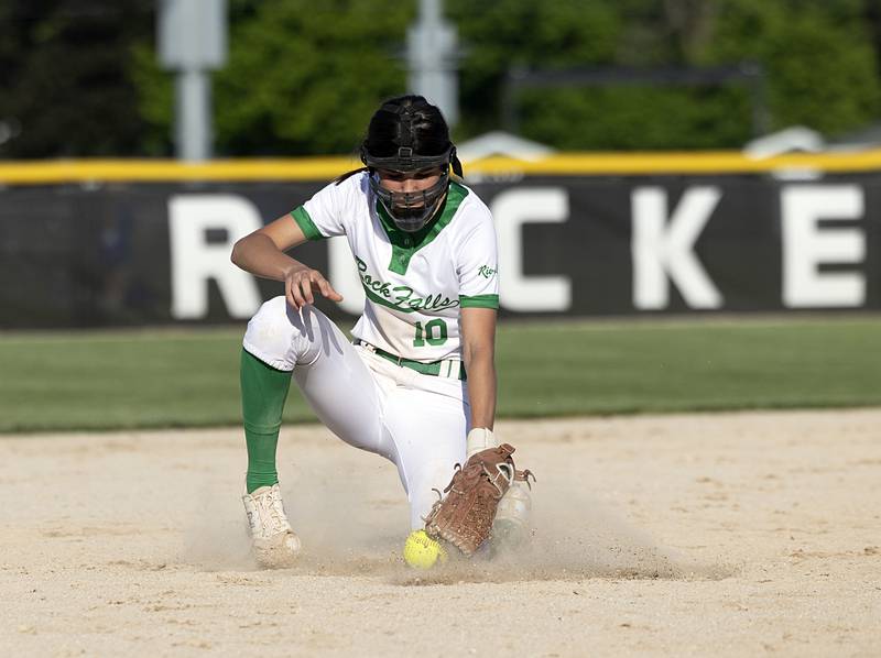 Rock Falls’s Katrina Lecaj snags a grounder at short against Princeton Wednesday, May 15, 2024 a the Class 2A regional softball semifinal.