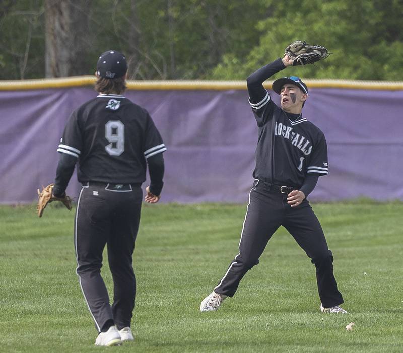 Rock Falls’ Austin Castaneda hauls in a fly ball against Dixon Monday, April 22, 2024 in Dixon.