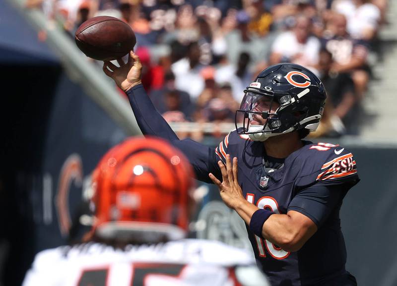 Chicago Bears quarterback Caleb Williams throws a screen pass during their game against the Cincinnati Bengals Saturday, Aug. 17, 2024, at Soldier Field in Chicago.