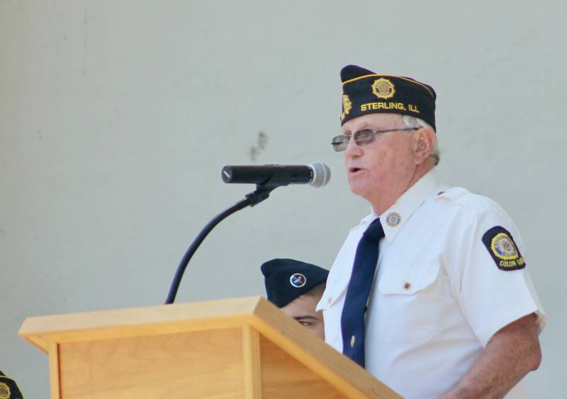 Mike Wolber serves as master of ceremonies during the Memorial Day observance on Monday, May 29, 2023 at Grandon Civic Center in Sterling.