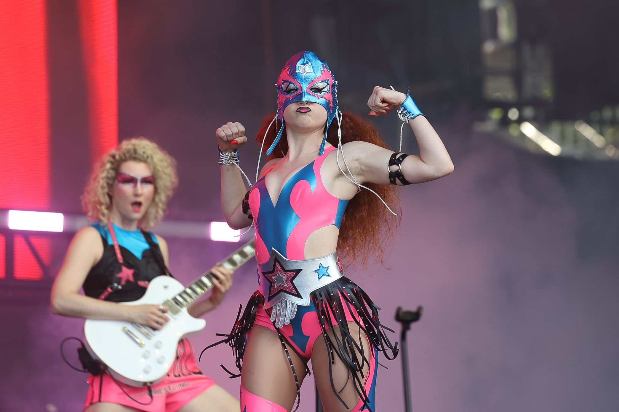 Chappell Roan flexes as she takes the stage at Lollapalooza on Thursday Aug. 1, 2024 in Chicago.