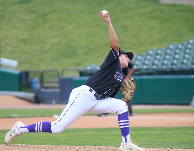 Wilmington's Lucas Rink fires a pitch to St. Anthony during the Class 2A State semifinal game on Friday, May 31, 2024 at Dozer Park in Peoria.