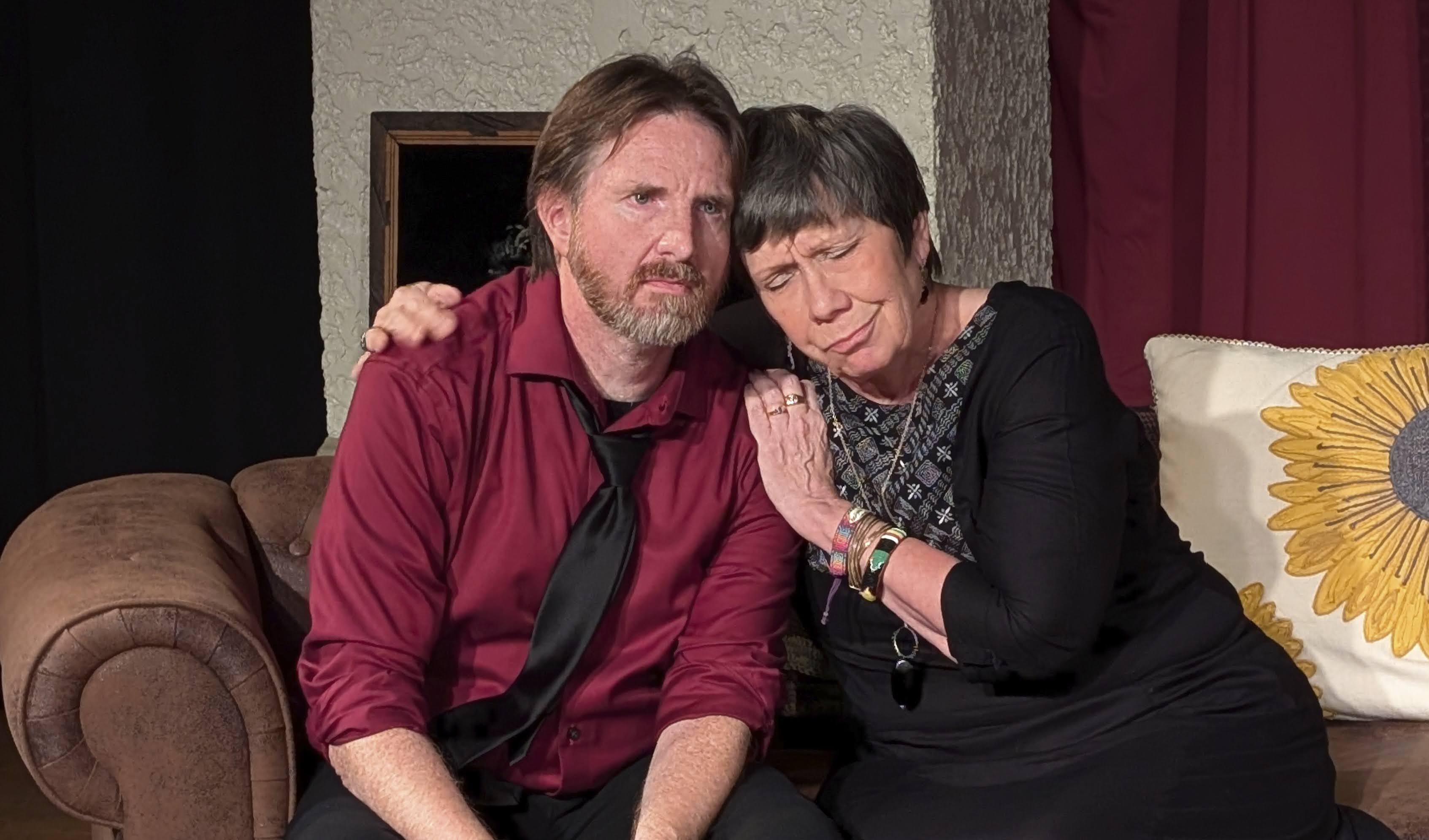 Aaron Hoge (from left) and Marge Uhlarik-Boller in "Life Sucks" presented by Janus Theatre Company in Elgin in 2024.