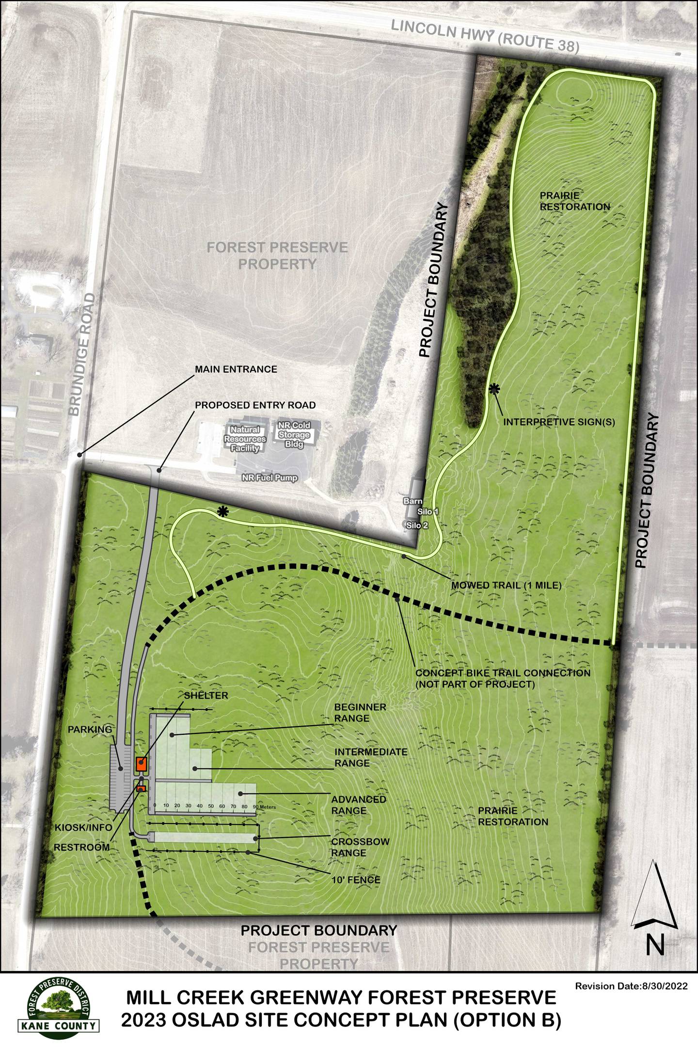 The proposed plan includes a multi-skill level archery range, shelter, restroom, parking lot and interpretive nature trails. Two plans (Option A and Option B) will be available for mark-up at the Sept. 7, 2022 meeting, and the public is encouraged to share their comments. Pictured above is Option B.