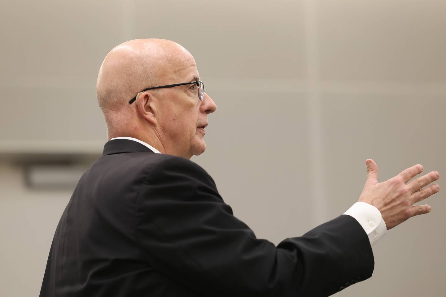 Special Prosecutor William Elward questions an Accident Reconstruction expert during the Zilka trial at the Will County Courthouse on Wednesday, June 28th, 2023 in Joliet. The former Joliet police officer Erin Zilka is on trial on aggravated DUI charges following a deadly 2020 crash where her passenger, Berwyn police officer Charles Schauer, 33, of Glen Ellyn, was killed.