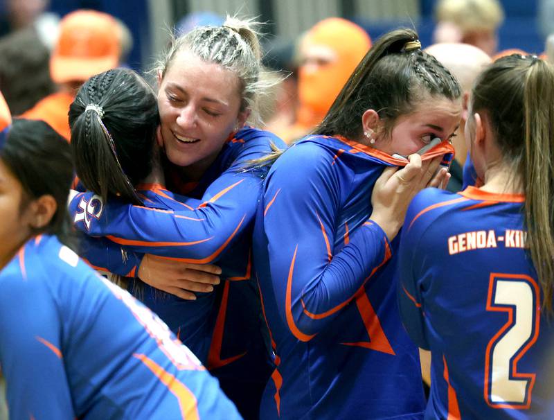 Genoa-Kingston players hug each other after their loss to IC Catholic Prep in the Class 2A sectional semifinal match Monday, Oct. 30, 2023, at Genoa-Kingston High School.