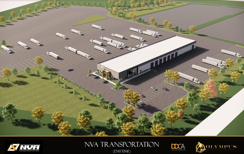 Mockup rendering of the proposed NVA Transportation expansion and building in Crystal Lake.