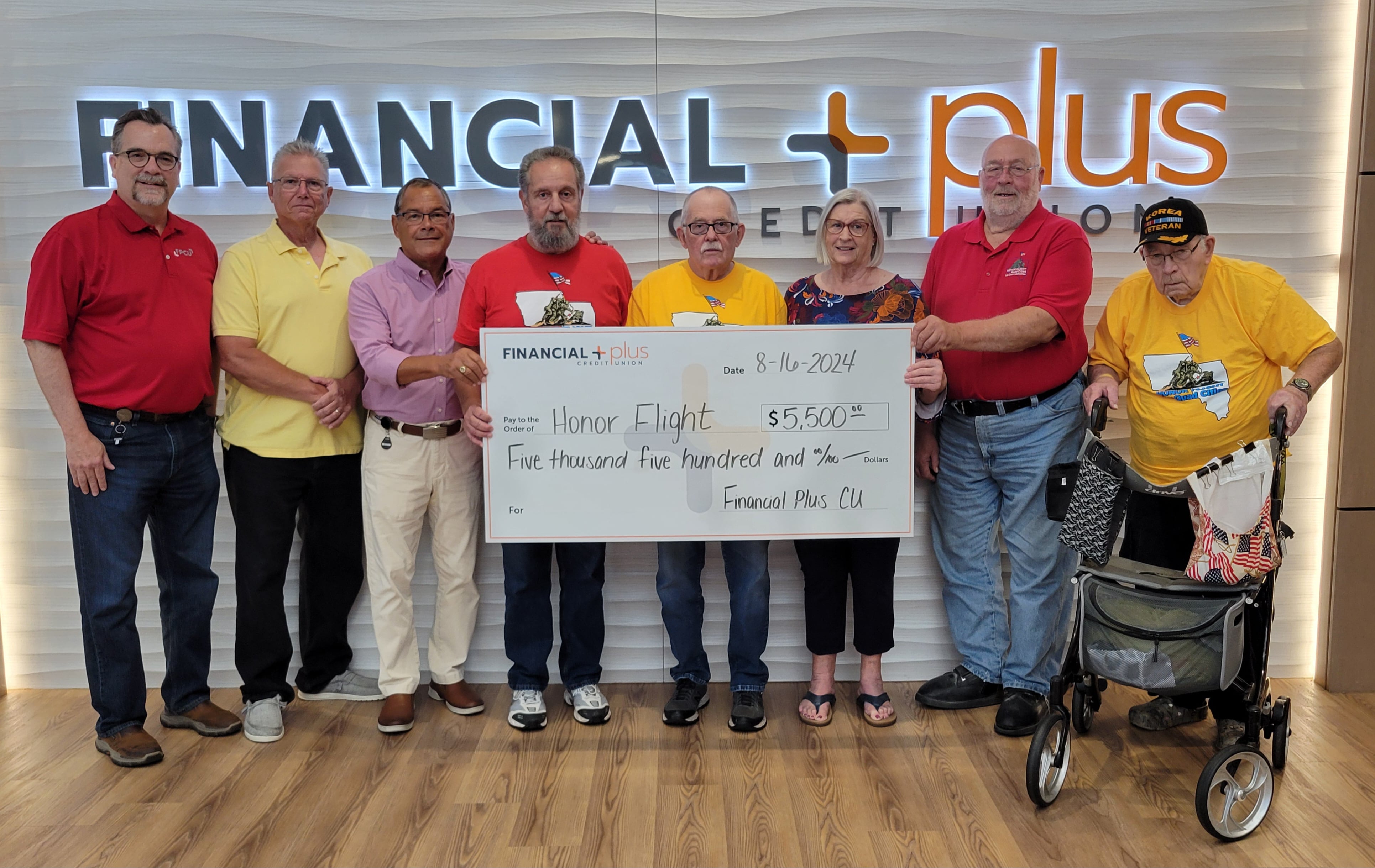 Financial Plus Credit Union in Ottawa has donated $5,500 to the Lee County Committee of the Quad Cities Honor Flights to help pay for veterans in La Salle, Bureau, Lee, Ogle and Whiteside to see in person the monuments honoring their service. Pictured are, from left, Financial Plus president and CEO Peter Fauth, Ottawa American Legion Post 33 veteran Ted Jenkins, La Salle County State’s Attorney and Financial Plus board chairman Joe Navarro, Honor Flight committee member Jim Travi, Ottawa veterans Paul Koenig, committee member Pat Kotowski, committee member Mike Thier and Ottawa veteran Cliff Parker.