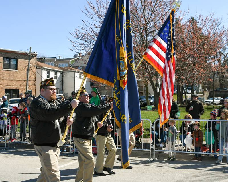 The Lemont VFW presents the colors during the St. Patrick’s Day parade that took place in downtown Lemont on Saturday March 9, 2024.