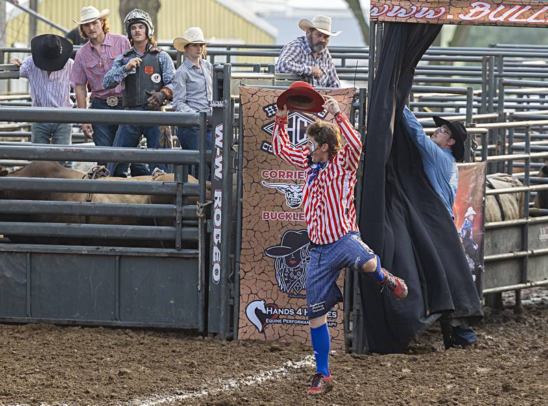 Rodeo entertainer Dalton Murray is introduced during the Rice Bull Riding and Barrel Racing event Thursday, August 11, 2023 at the Carroll County fair.