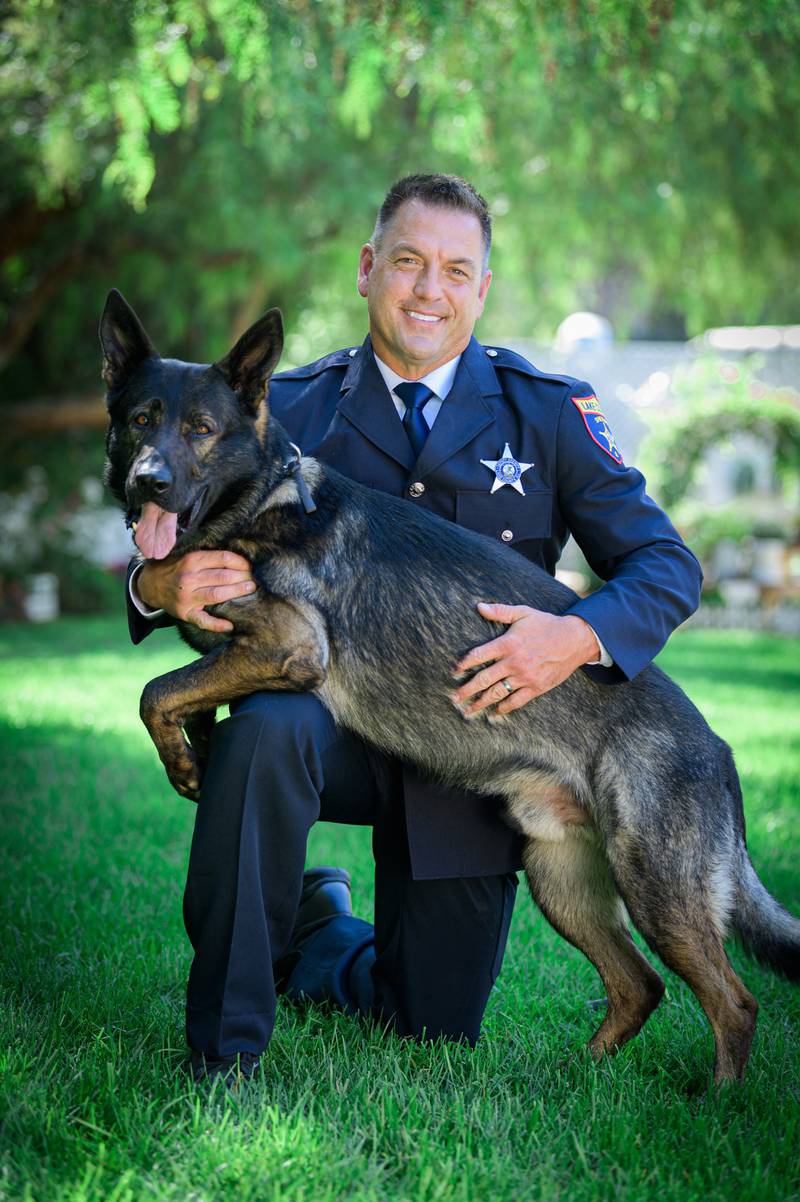 Lake County Sheriff’s K9 Dax, shown here with his handler, Deputy John Forlenza, was injured during an apprehension of a fleeing suspect this weekend, police said.