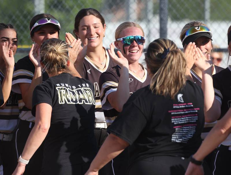 Sycamore players celebrate after winning the Class 3A regional championship over Dixon Thursday, May 23, 2024, at Rochelle High School.