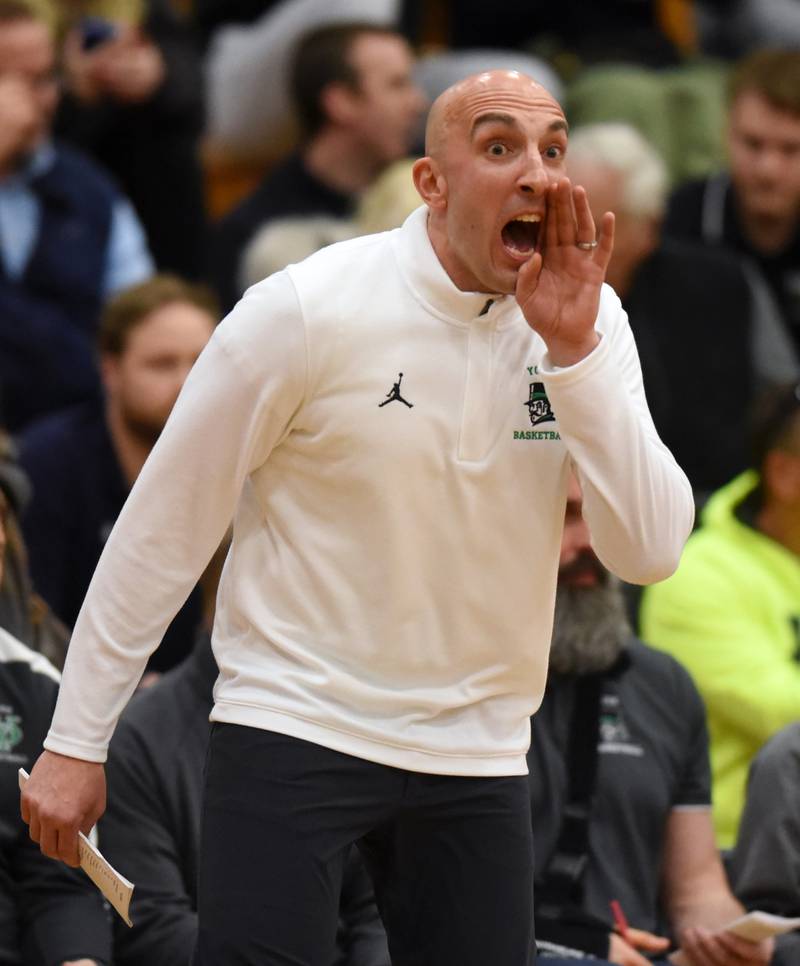 York coach Mike Dunn leads the Dukes against Batavia during the Addison Trail Class 4A boys basketball sectional semifinal on Wednesday, Feb. 28, 2024 in Addison.