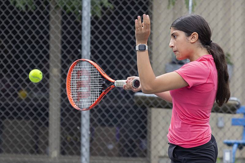 Fareeda Alkhalaf returns a ball Wednesday, July 27, 2023 while playing mixed doubles in the Emma Hubbs Tennis Classic in Dixon.