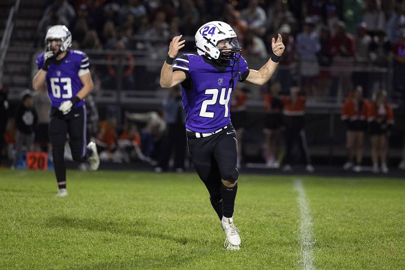 Dixon’s Carter Kibble celebrates a stop against Byron Friday, Oct. 18, 2024, at A.C. Bowers Field in Dixon.